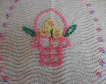 Two Vintage White Chenille Fabric Pieces - Flower Basket and Duck or Swan - Chenille Doll Blanket / Towel & Washcloth / Quilt Squares - #3