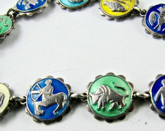 Rare Vintage Sterling Silver Enamel Einar Modahl Norway Zodiac Bracelet 925S Hallmarked Modernist Scandinavian