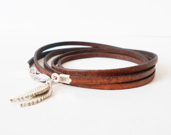 skinny brown leather wrap bracelet, unisex angel wings cuff, boho chic rocker style, mens leather bracelet, gift for him, gift for her