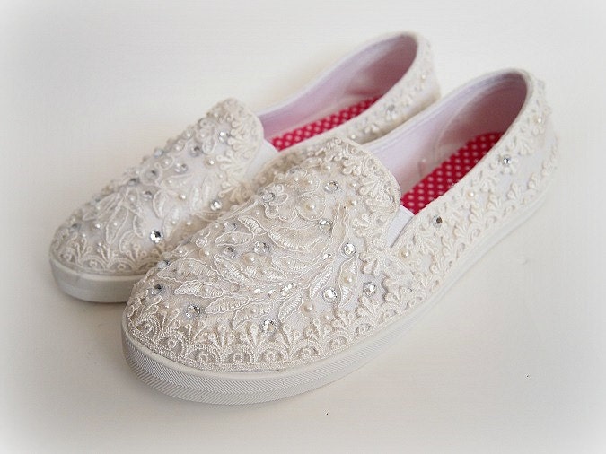 Wedding Bridal Flat Tennis Shoes chic Ivory cream lace