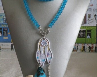 Ravissant collier sautoir perles et céramiques "Capteur de rêves"