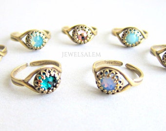 Birthstone Ring, Swarovski Crystal, Rhinestone Ring, Gift for Her, Adjustable, Friendship, Sister, Bridesmaids, Silver, Antique Brass, Gold