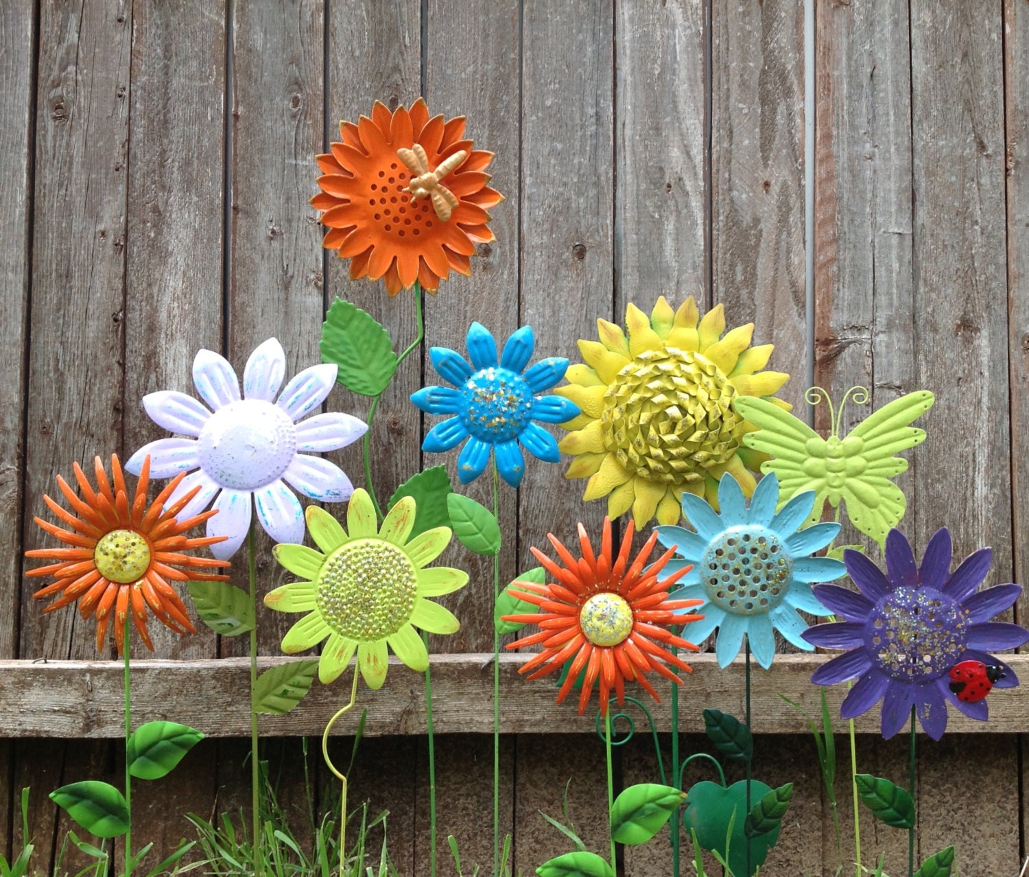 Glittery Metal Flower Garden Stakes w/Garden Creatures Metal