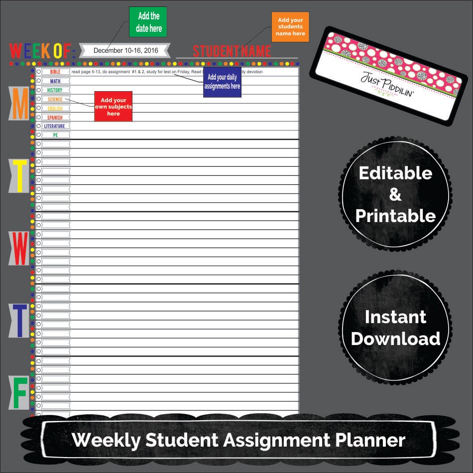 Printable Homeschool Weekly Planner Editable PDF Printable
