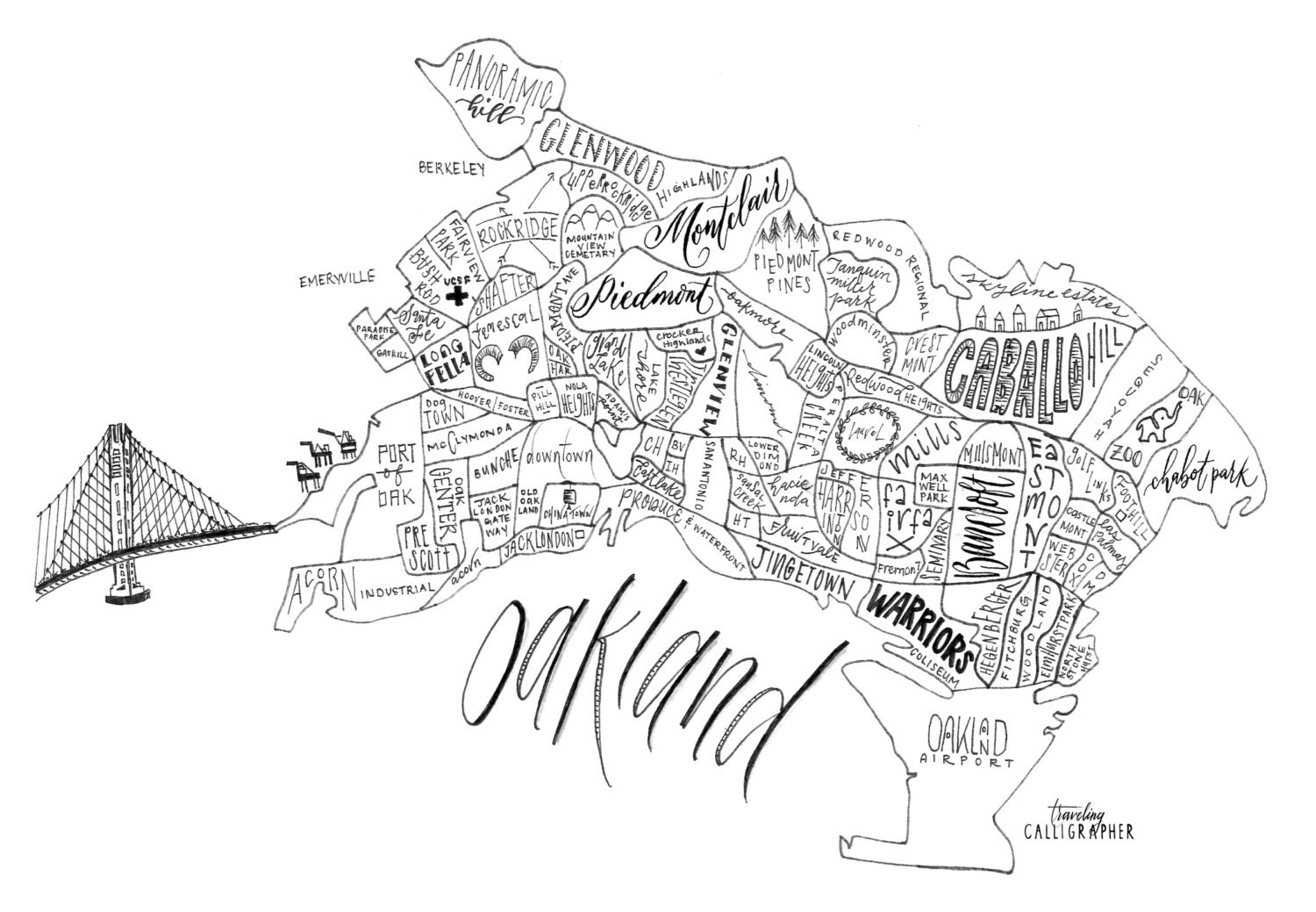 Oakland Neighborhood Map Hand-lettered & Printed