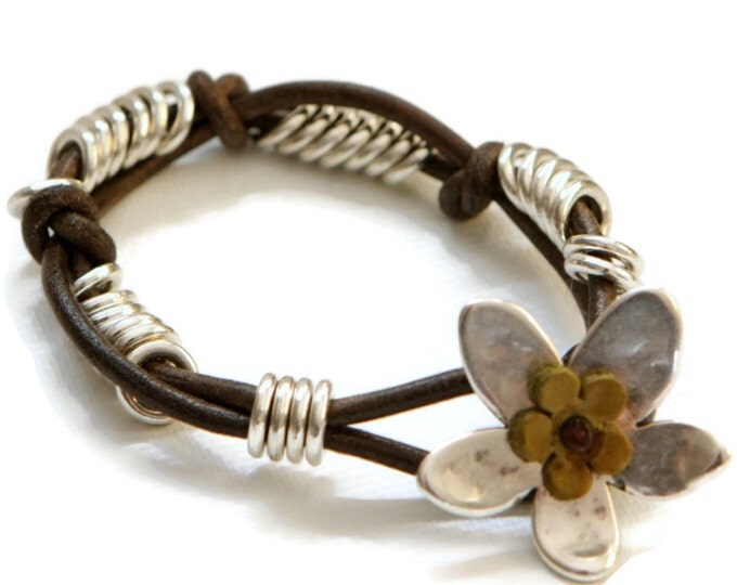Flower Bracelet, Leather Bracelet, leather Flower bracelet, women flower bracelet, silver bracelet, boho bracelet, bohemian bracelet, gift