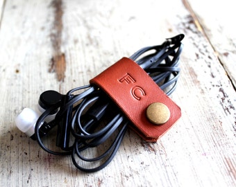 Cord holder, cord organizer, earbud holder, leather cable holder, cable cord keeper, earbud organizer, earphone organizer, headphone holder