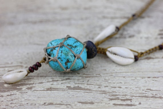 TURQUOISE SHELL NECKLACE- Turquoise Macrame Necklace- Shell Jewelry- Turquoise Pendant- Shell Necklace- Handmade Necklace- Spiritual Jewelry