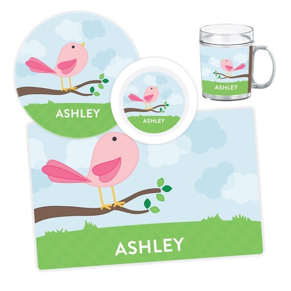 Cute Bird Plate, Bowl, Mug or Placemat - Personalized Cute Bird Dinnerware Set - Custom Kids Melamine Tableware - Plate for Kids Il_570xn