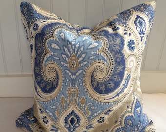 Kravet Blue and Tan Paisley Damask Pillow Covers in Latika Fabric