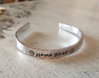 Mama Bear bracelet. Hand stamped bracelet. Custom. Mothers jewelry. Gift for her. New mom gift. Mama bird. Momma bear. Mother's day gift