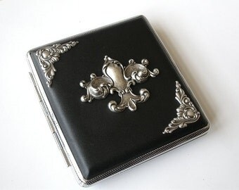 Fleur de Lis Black Leatherette Cigarette Case - Card Holder Case - Smokers Accessories