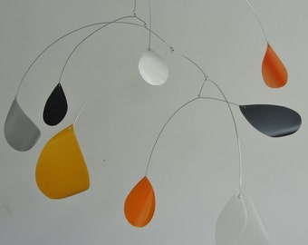Hanging Mobile - kinetic - organic - up-cycled plastic - orange grey silver white black - home decor - made to order