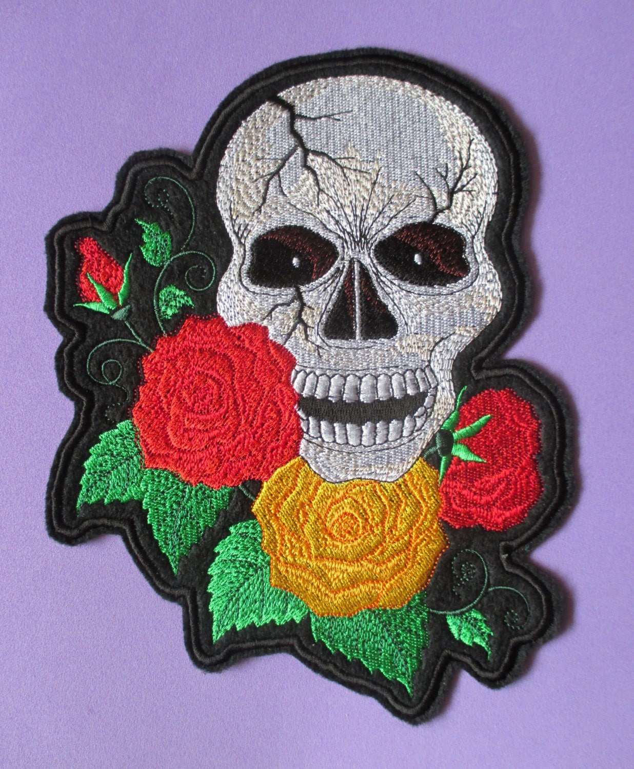 Extra Large Embroidered Skull and Roses Patch, Tattoo Style, Biker ...