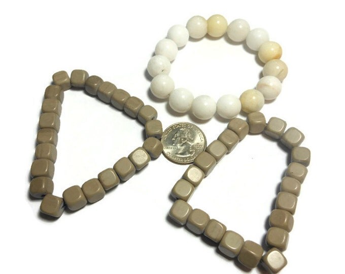 Bead stretch bracelet, natural gemstone, your choice of one 12mm round white bracelet or 8mm square grayish brown