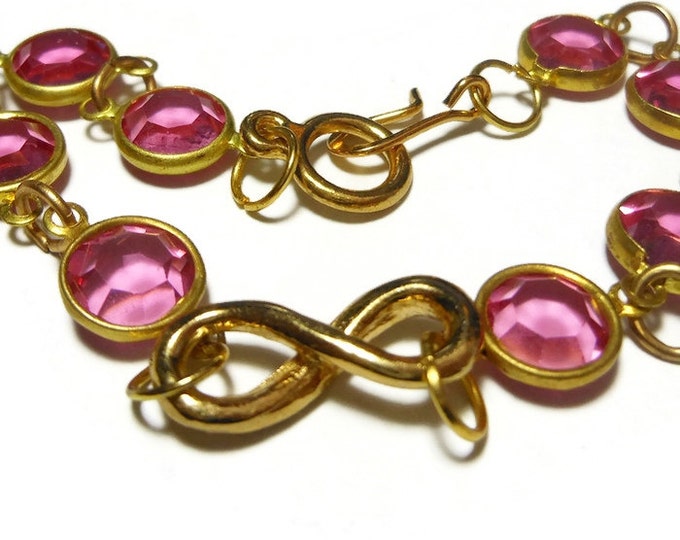 Infinity Swarovski crystal bracelet, pink crystal bracelet, faceted crystals link bracelet with infinity focal, easy hook latch, gold tone