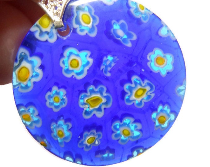 Millefiori glass pendant, 30mm round dark blue, light blue and yellow round disc on sterling silver filigree bail, attach to a chain or cord