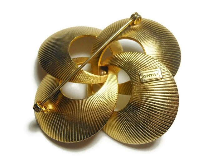 Marvella 1940s gold brooch, abstract floral pin with textured striated curves and single ball center, large statement brooch