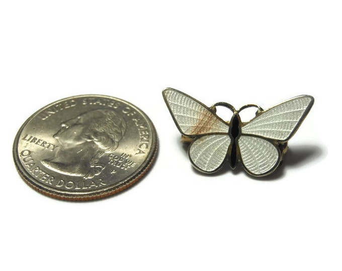 Guilloché butterfly scatter pin, 1950's small white and black enamel guilloché brooch, gold trim