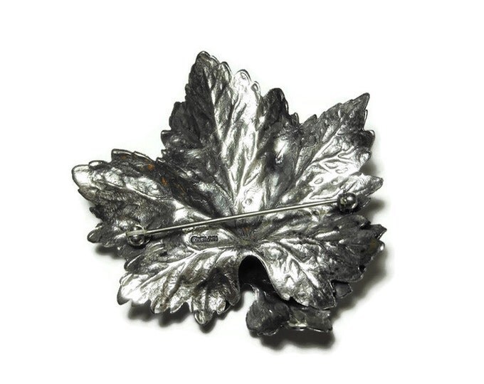 FREE SHIPPING Napier grape leaves brooch, large antiqued silver plated double grape leaf with intricate details