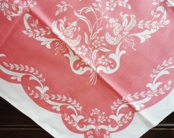 Vintage Tablecloth Napkins - Ivory with Elegant Pink Floral Design - Unused - Square 39" x 38" with 4 Matching Napkins 11" Sq
