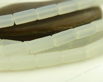 White Opal Matte Sea Glass Round Tube Beads - 8 Inch Strand - 9x4mm Frosted Beach Glass, Recycled Glass - BF21