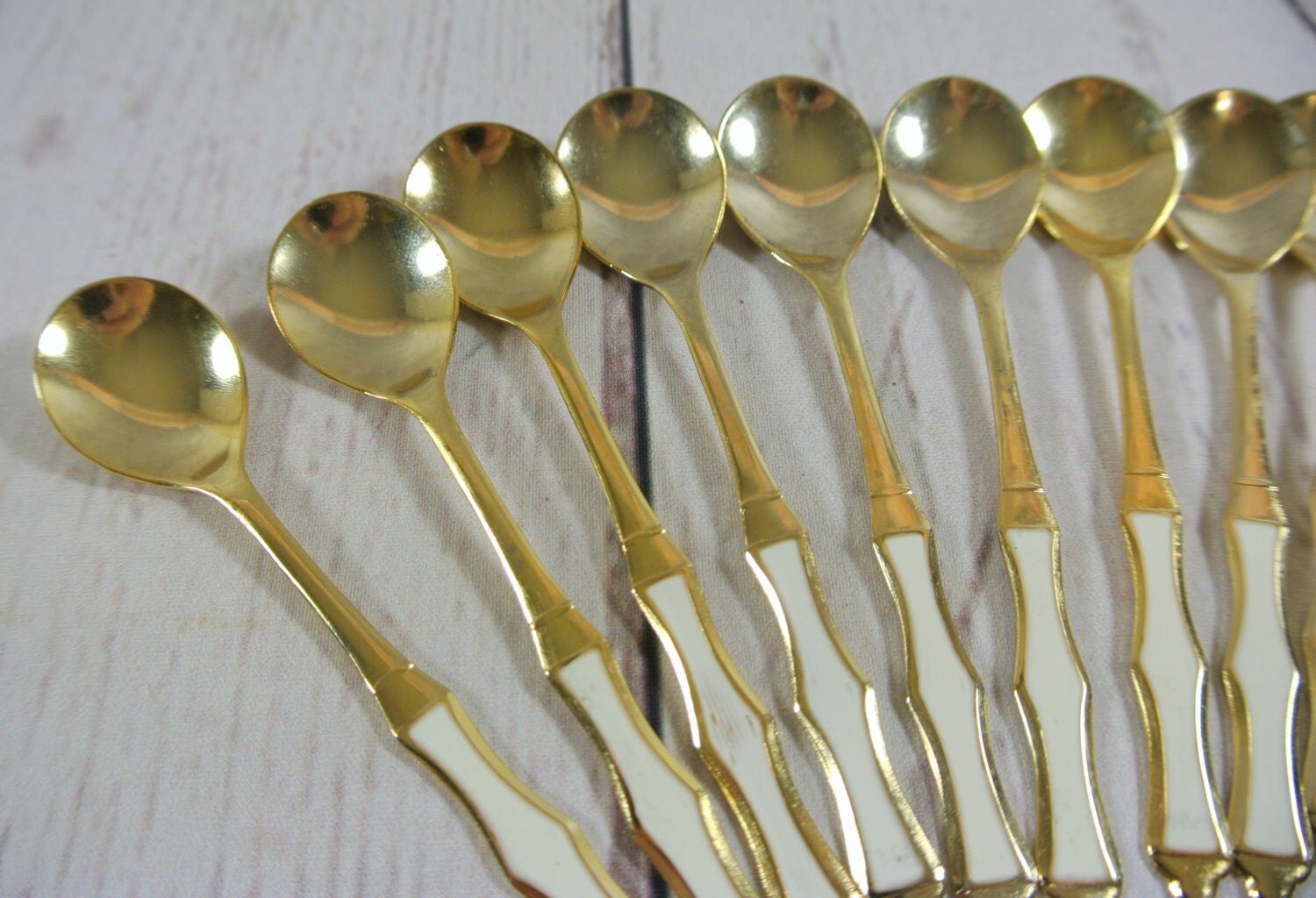Vintage Set of 12 Gold Stainless Steel Teaspoons with White
