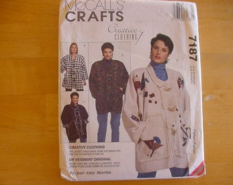 Vintage 1990s McCalls Crafts Pattern 7187, Misses' Unlined Jacket, Variations, Creative Clothing, Amy Martin, One Size Fits 8-20, Uncut