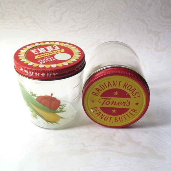 Retro Peanut Butter Jars Glass Pair Red Lids Decals Jif Toners
