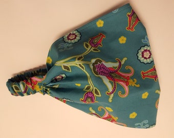 Teal Fuschia Flower Paisley Wide Headband - by FreCkLes GarDeN – Dreadlock Gypsy Band, Yoga Headwrap Doorag Bandana Kitchenwear, Festival