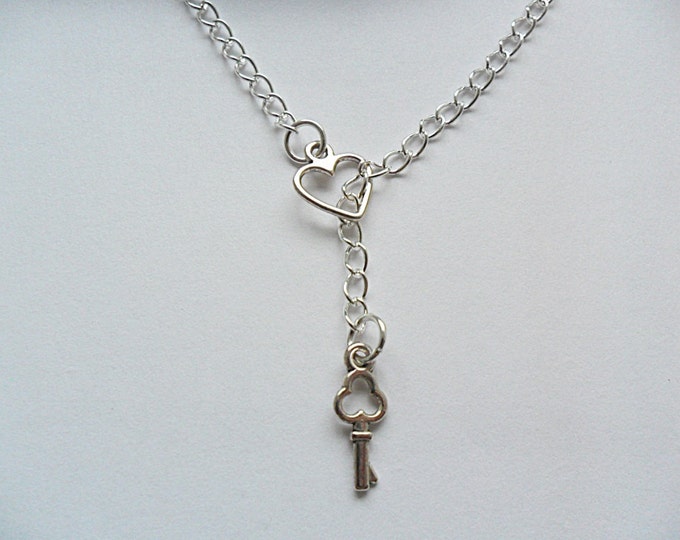 Tiny heart and key pendant, Key to my heart, lariat necklace