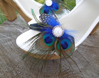 Peacock shoe clips, shoe clips, peacock wedding shoe clips, feather shoe clips, blue peacock shoe clips, peacock shoes