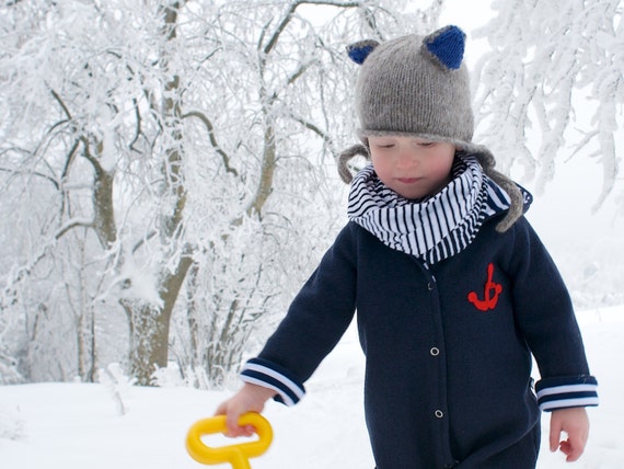 baby snowsuit, boiled wool baby, infant wool snowsuit made of 100% new wool, dark blue, 24 month, organic cotton lining, crochet anchor 