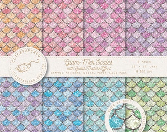 Mermaid Scales Digital Paper with Glitter Effect Texture For Scrapbooking, Invitations, Cards Instant Download jpeg diy scrapbook crafts