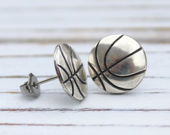 Basketball - antique silver plated post earrings