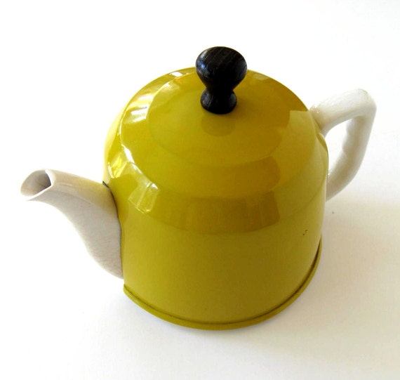 Vintage Yellow Teapot Insulated metal Cozy white ceramic