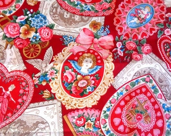 Victorian Valentine Fabric, Fat Quarter, Multicolor Red, 18" X 22" inches, 100% Cotton for Victorian & Romantic Projects