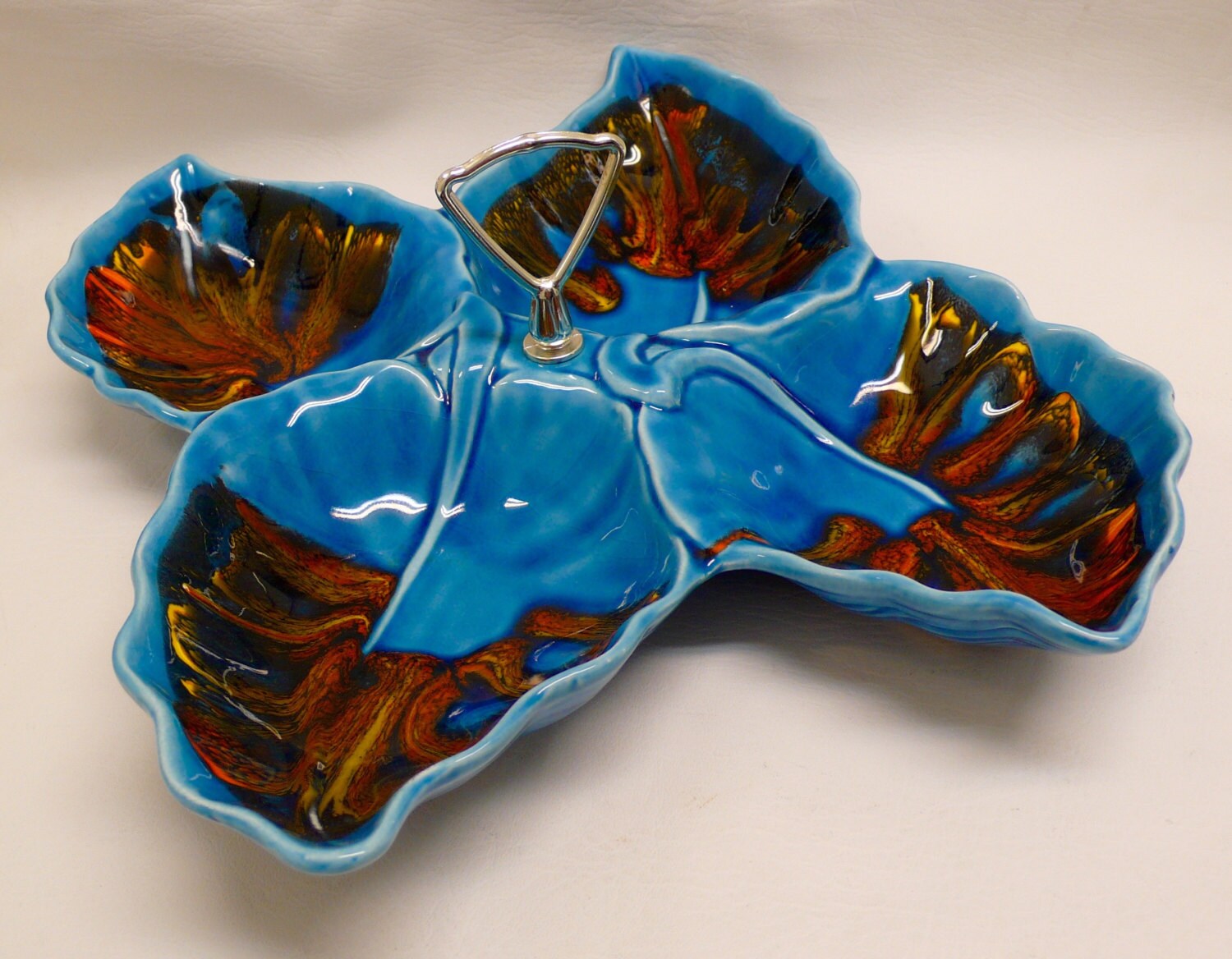 Vintage Rare Blue California Pottery Divided Relish Dish 4