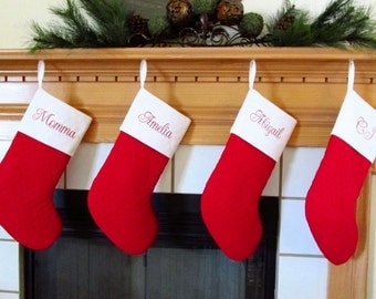 Quilted Personalized Christmas Stockings in Red and White Cuff or Choose Your Own Family Stockings