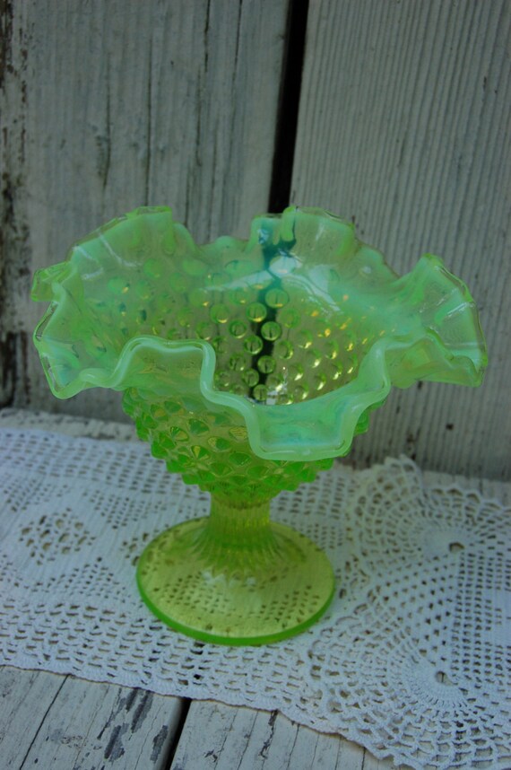 Fenton Hobnail ruffled pedestal dish. Green Fenton glass candy