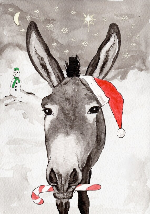 Items similar to Donkey Christmas card pack indian ink paintings