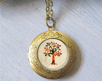 Photo Locket, Autumn Tree Necklace, Tree Locket