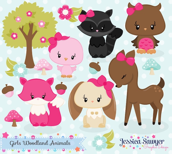INSTANT DOWNLOAD, girls woodland animals clipart, forest clip art, for personal use, commercial use, party supply, scrapbooking Il_570xn
