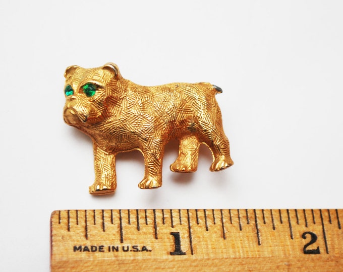 Dog brooch gold tone green rhinestone pit bull bull dog figurine pin