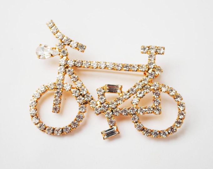 Rhinestone Bike Brooch - Clear crystal - gold tone -Two wheel bike pin