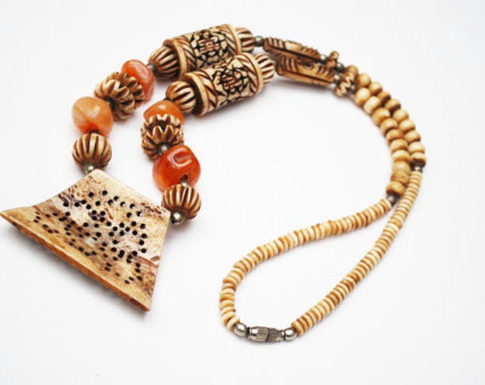 Boho Necklace - Carved Bone,- carnelian jasper gemstone bead - tribal -hippie