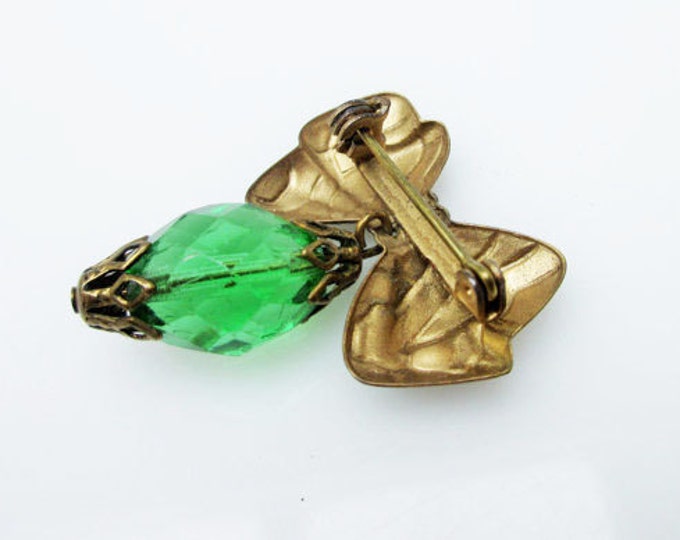 Gold Brass Bow Brooch with dangle green facet glass crystal pin