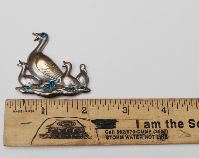 Duck with Duckling Brooch - Silver with blue rhinestone enameling - bird figurine pin