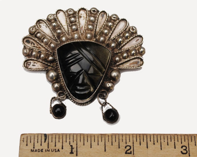 Sterling Mask Brooch - Taxco Mexico - Carved Black Onyx - Tribal Face Pin