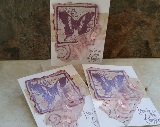 3 Christian Notecards, in my Prayers, Handmade encouragement support card Butterfly Heat Emboss, Handmade cards by collegedreaminkid #511